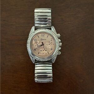 Geneva Silver Watch with Light Pink Face and Crystal Details (needs battery)